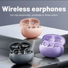 Three wireless earphones in pink, purple, and silver colors displayed with their charging cases.