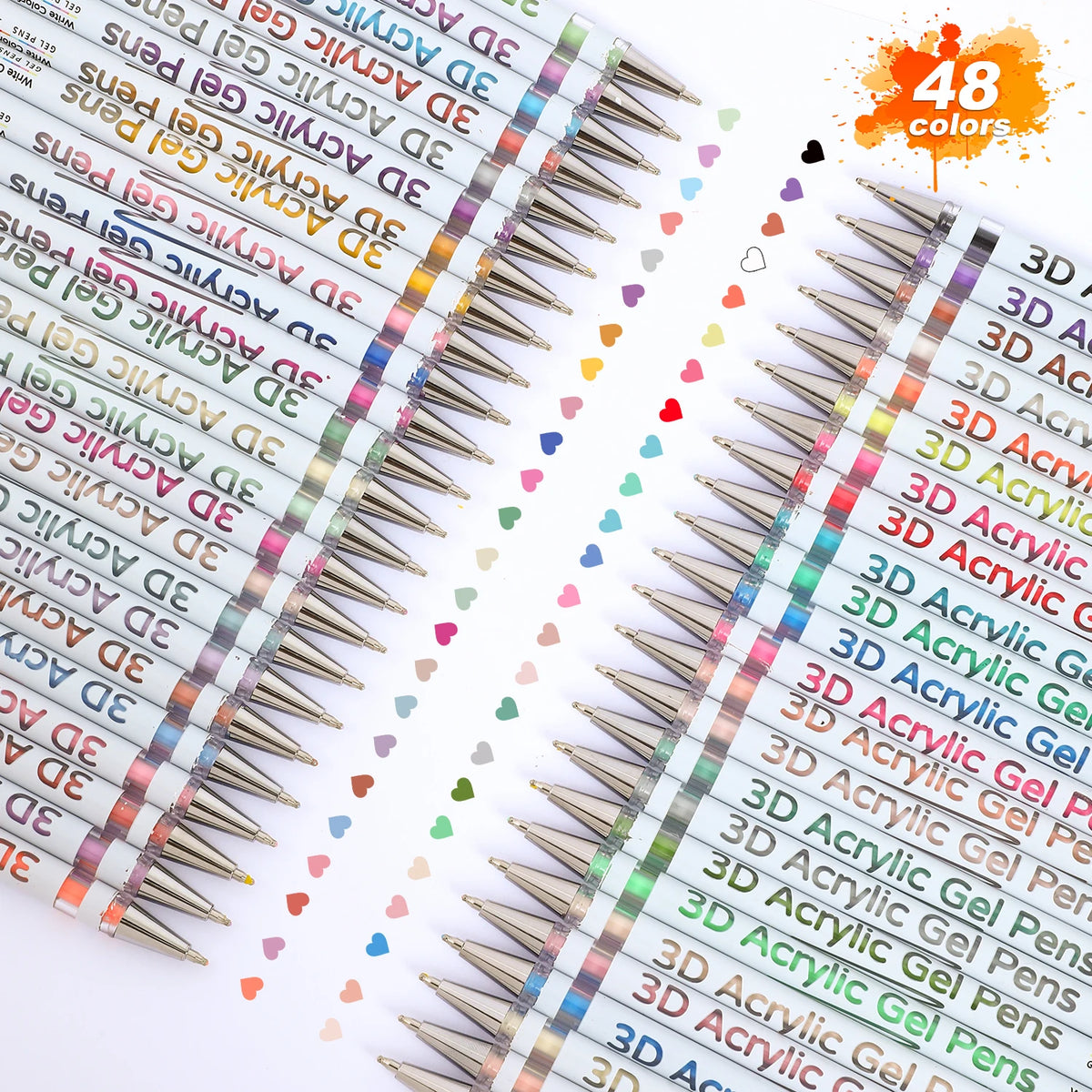 Primer plano de un juego de tres bolígrafos de gel acrílico en varios colores, dispuestos para notas y decoración.
