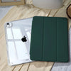 A dark green universal protective case for an Apple iPad displayed on a light fabric surface.