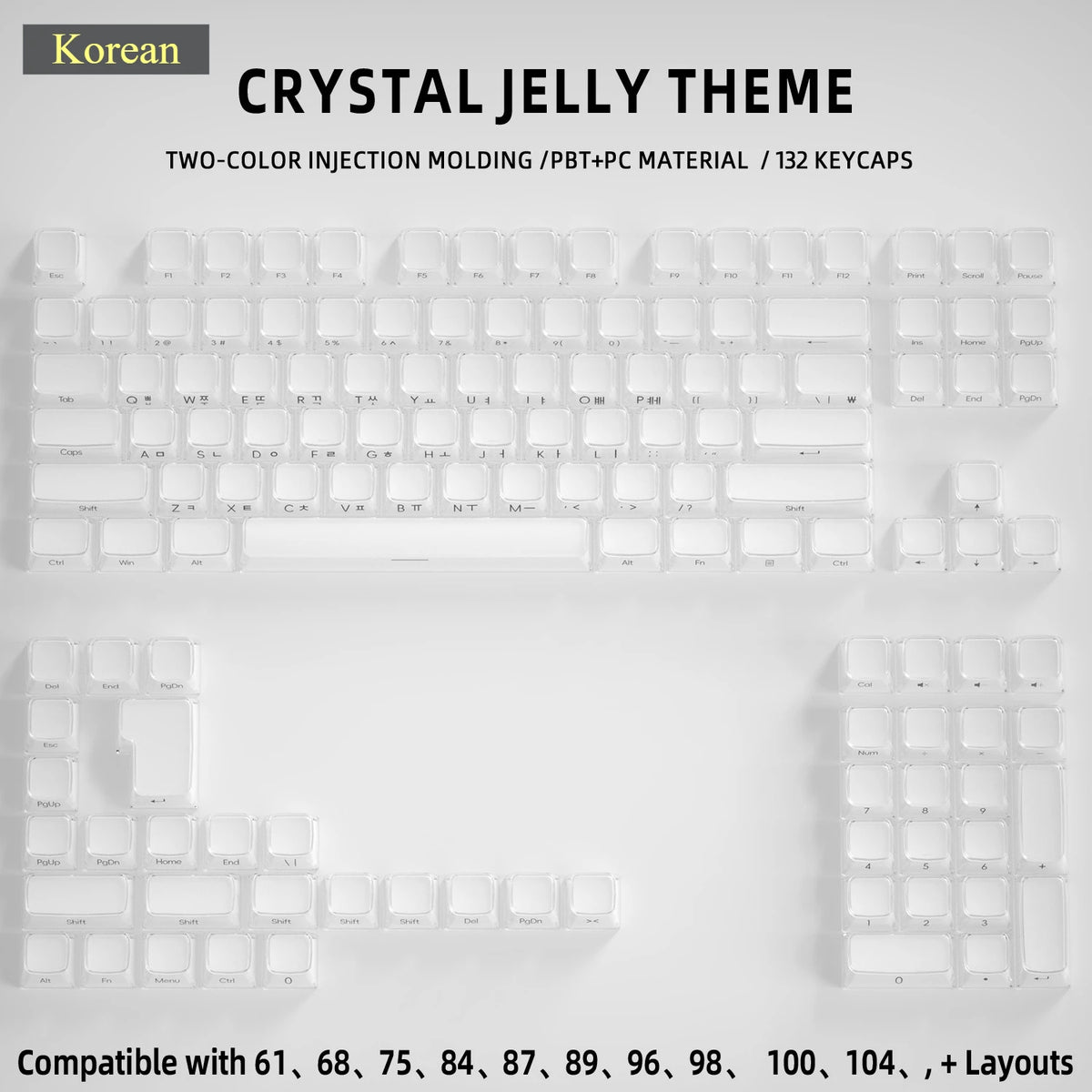 A close-up view of a white mechanical keyboard featuring crystal jelly theme keycaps.