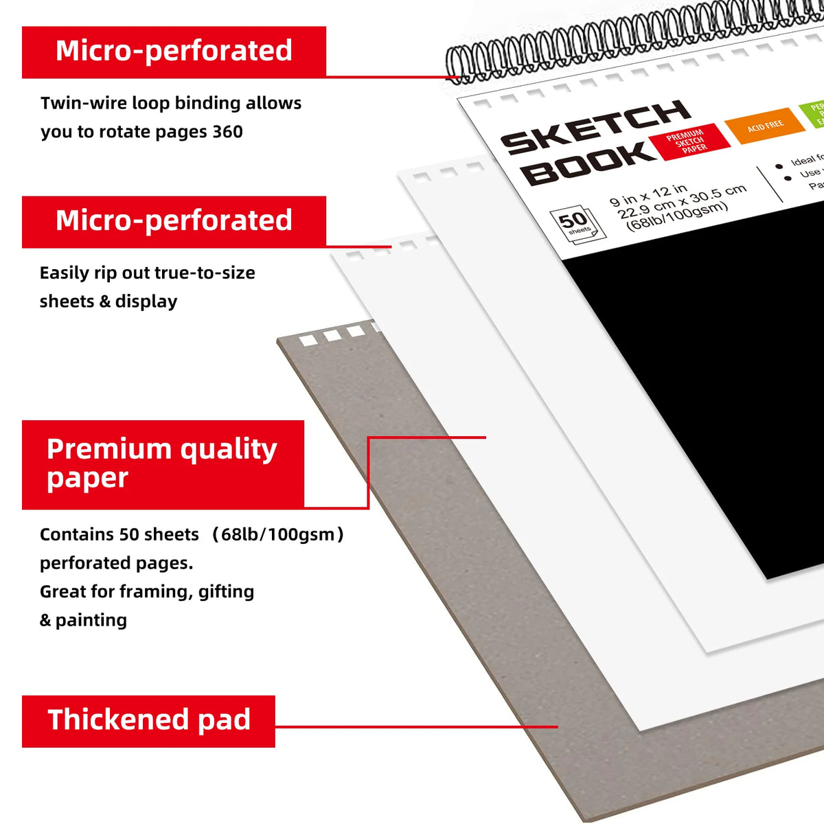 A close-up view of a spiral-bound, micro-perforated sketch book with premium quality paper and a thickened pad.