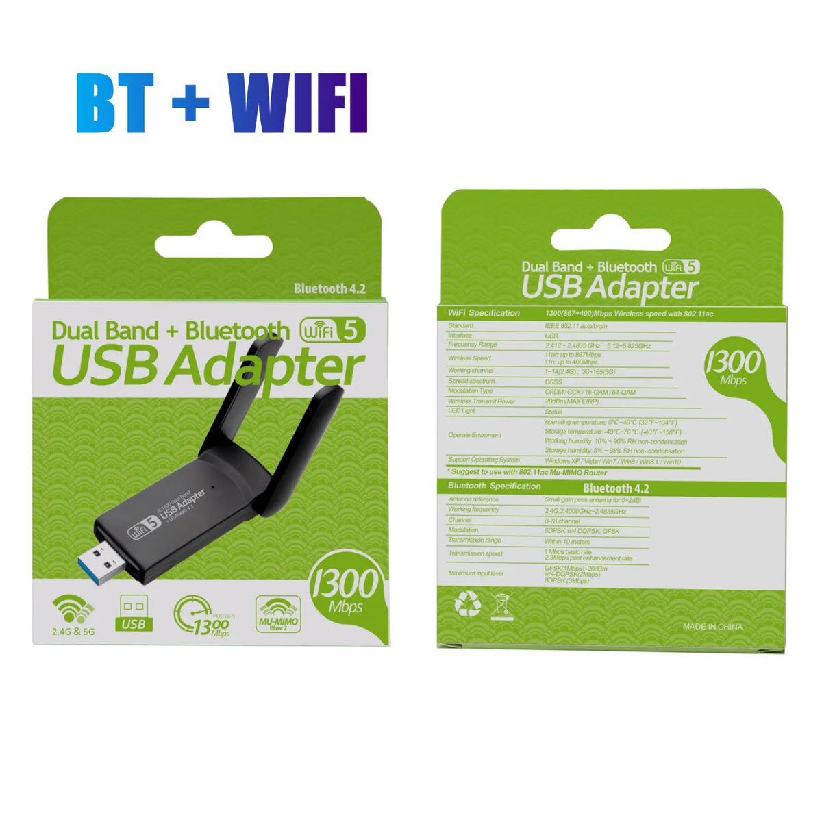 Un emballage vert de produit montrant un adaptateur USB avec capacités Bluetooth et WiFi.