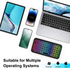A collection of Apple iPad, iPhone, and a laptop alongside an Ultra-Slim Bluetooth 5.2 Keyboard with RGB Backlight.