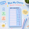 A blue blank template for a reusable sliding chore chart board with labeled sections and habit tracking options.