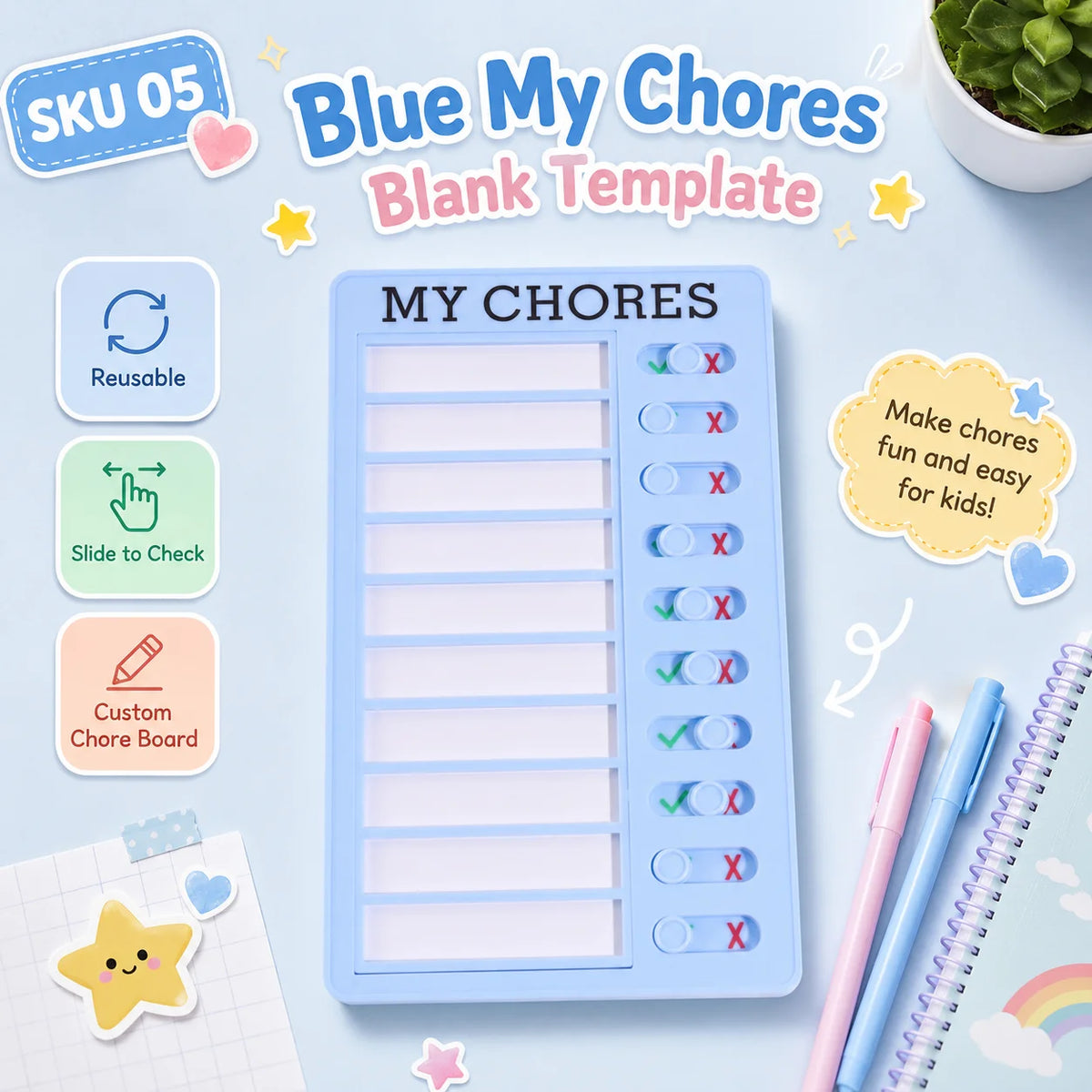 A blue blank template for a reusable sliding chore chart board with labeled sections and habit tracking options.