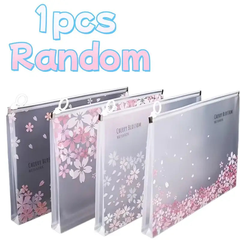 One piece random transparent zipper file bag with cherry blossom design