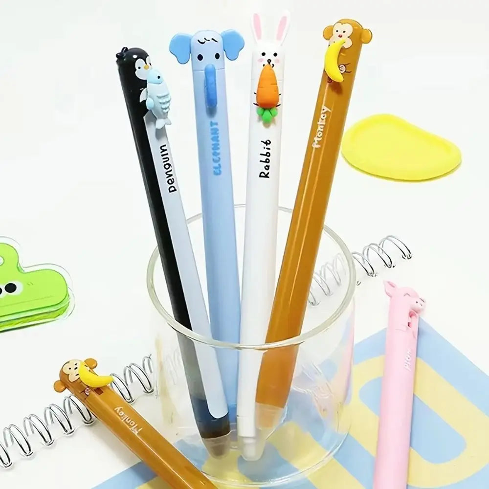 A set of six cute animal-themed erasable gel pens in various colors including blue, white, and orange.