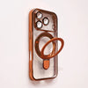 A clear, rose gold magnetic phone case with a stand for an iPhone is shown against a white background.
