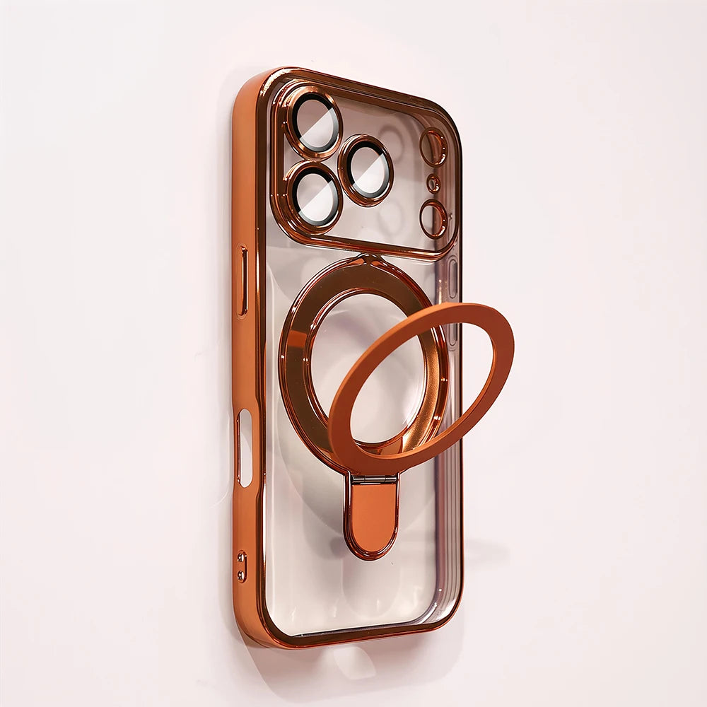 A clear, rose gold magnetic phone case with a stand for an iPhone is shown against a white background.