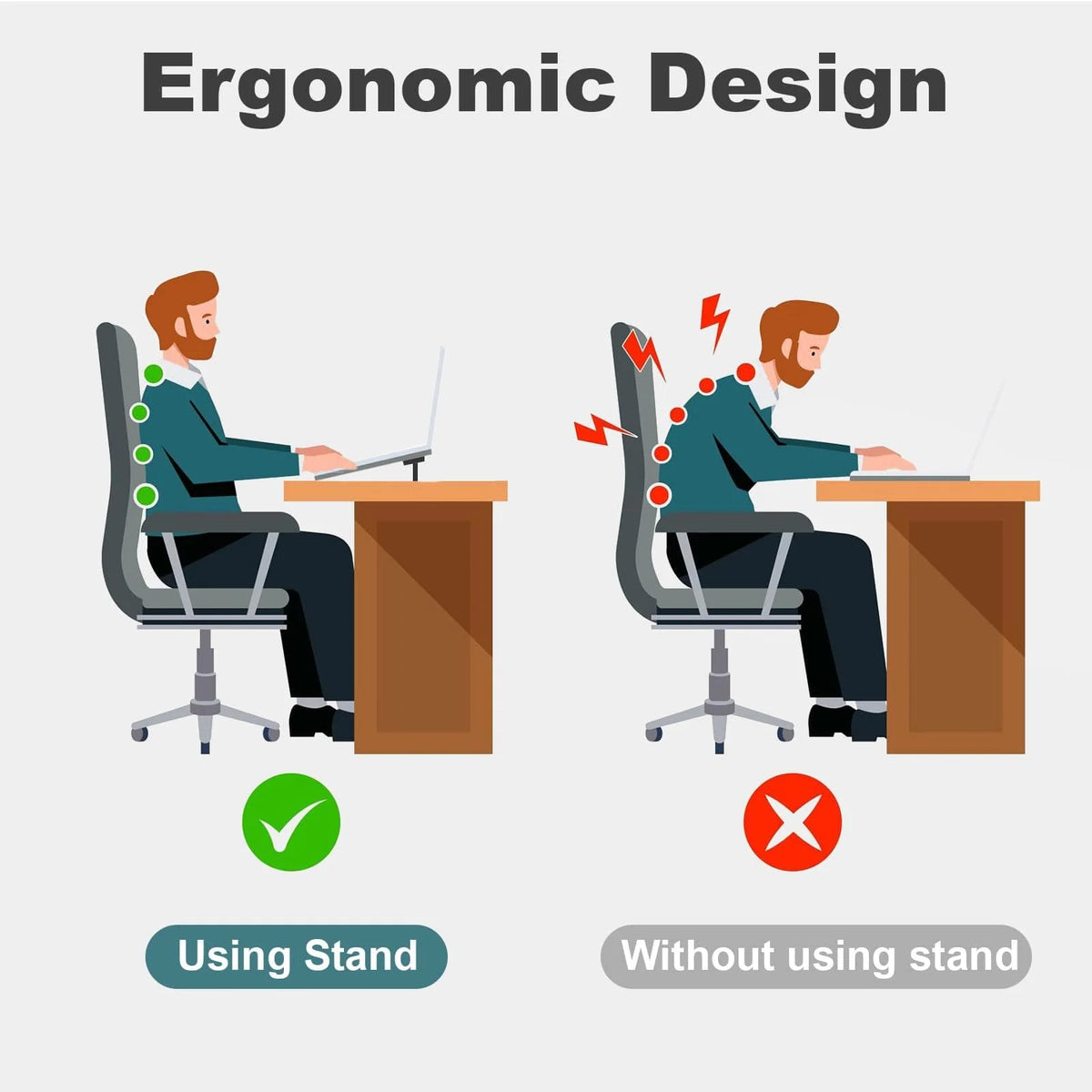 Illustration comparing ergonomic design with and without a laptop stand for working.