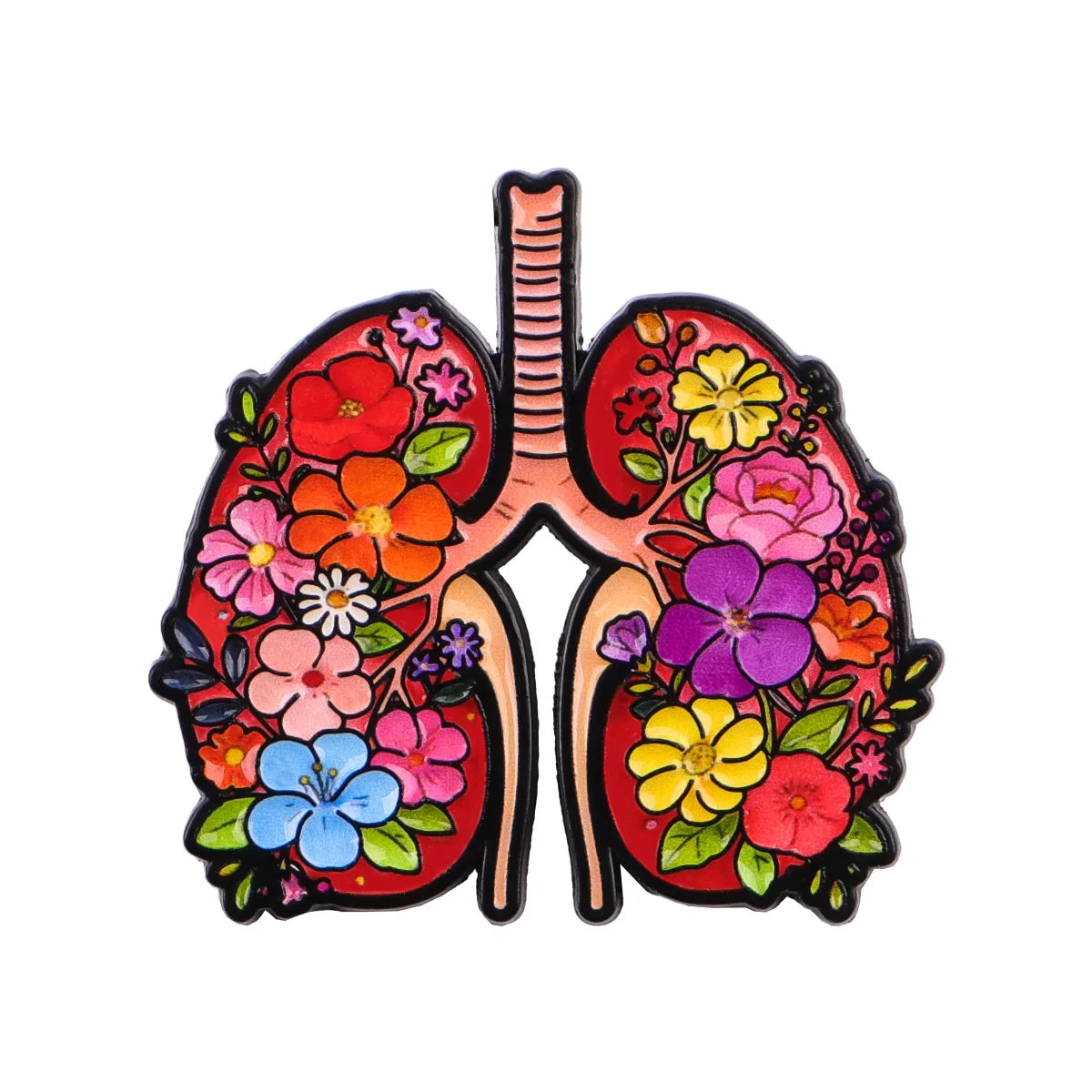 An enamel pin depicting a stylized human lung with colorful floral designs.