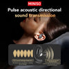 Close-up of a person listening to pulse acoustic directional sound transmission earbuds.