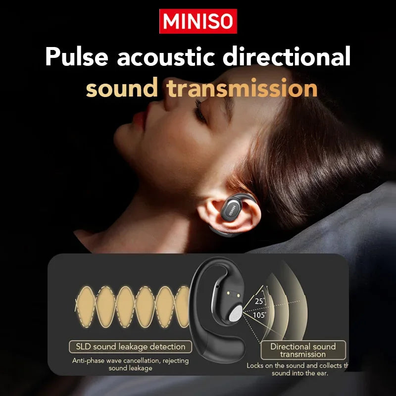 Close-up of a person listening to pulse acoustic directional sound transmission earbuds.