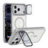 A clear magnetic shockproof iPhone case showing the back and a detached camera lens module.