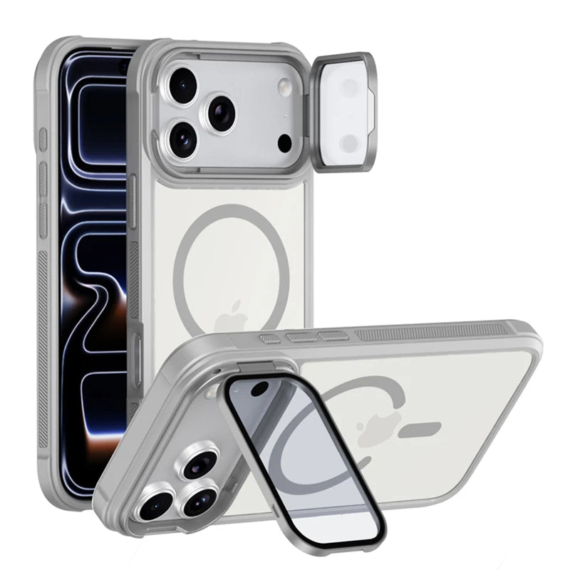 A clear magnetic shockproof iPhone case showing the back and a detached camera lens module.