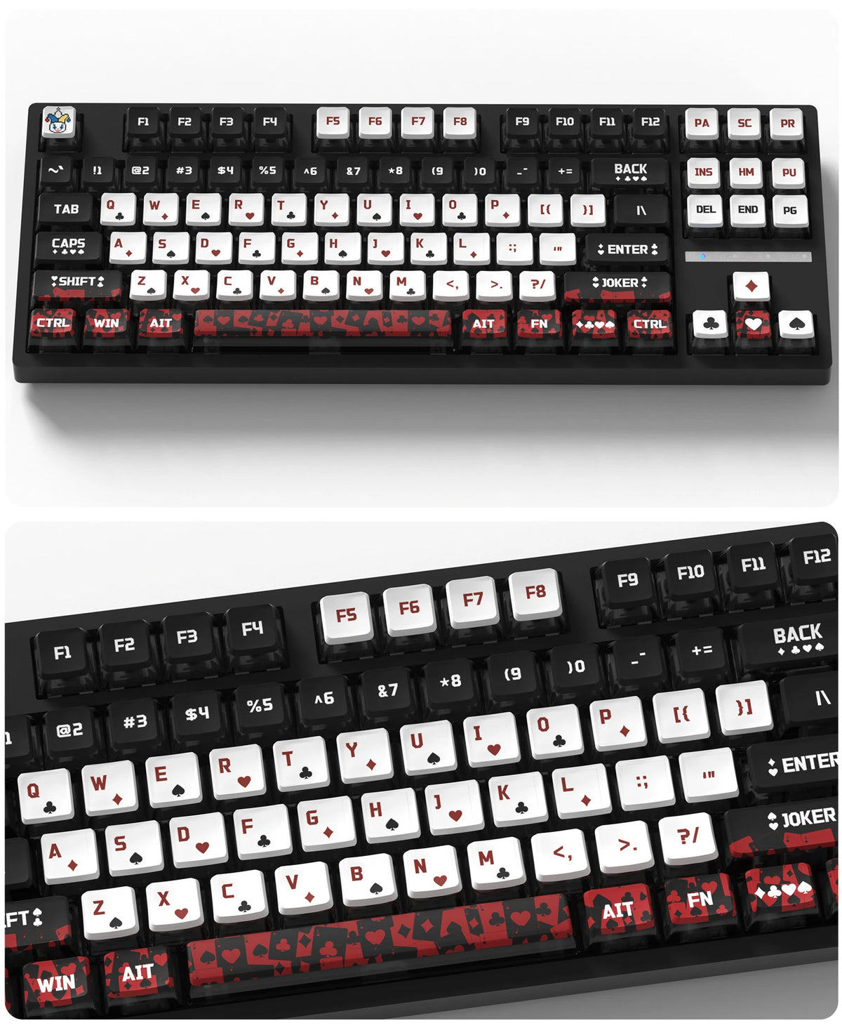 A close-up view of a black mechanical keyboard with red and white PBT keycaps and backlighting.