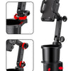 A universal car cup holder mount with a 360-degree rotating phone holder shown in various angles.