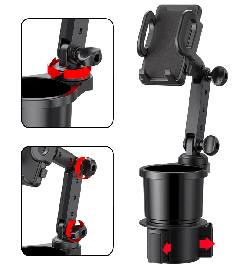 A universal car cup holder mount with a 360-degree rotating phone holder shown in various angles.