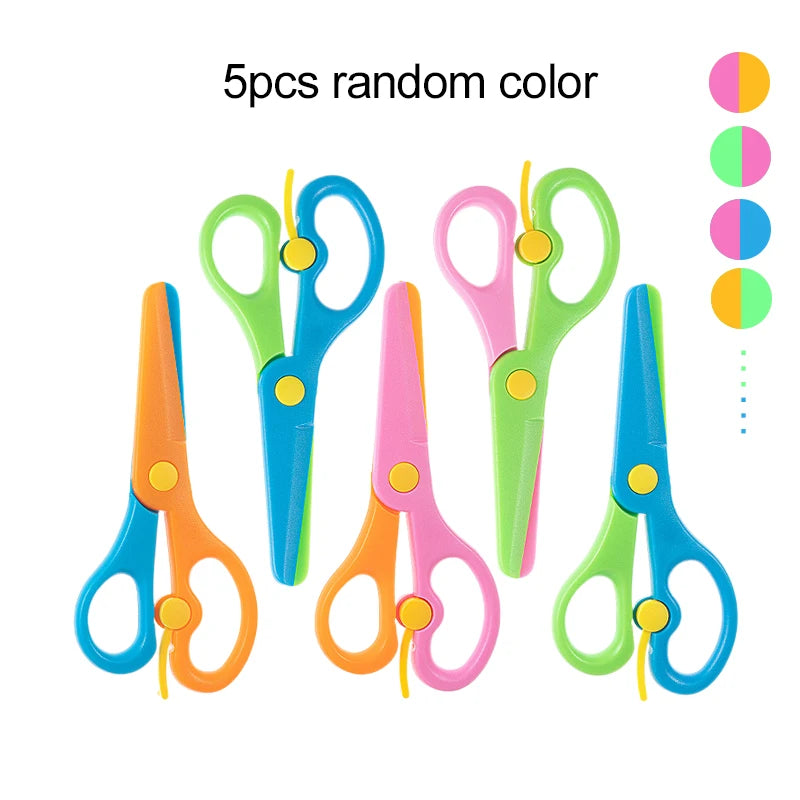 Five random color plastic scissors for crafting and office use displayed in a row.