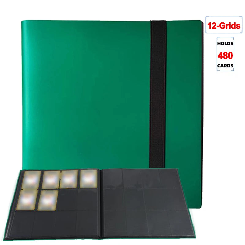 A green card binder album with a black spine and an attached black card holder.