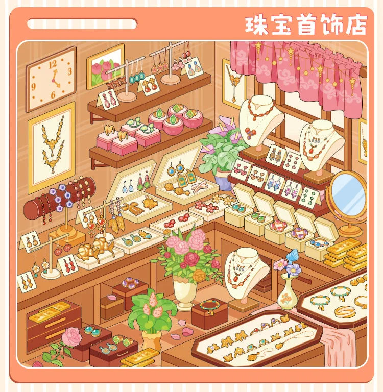A display of various cute snacks and DIY craft kits for a snack shop theme.