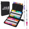 A black storage pouch holds a set of dual-tip brush markers with 36 vibrant colors for art and calligraphy.