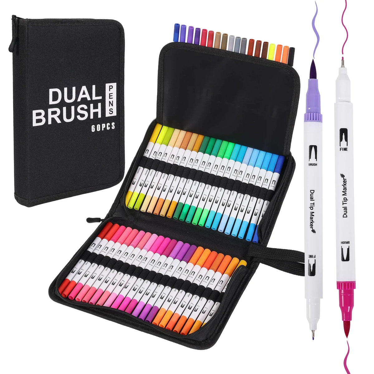 A black storage pouch holds a set of dual-tip brush markers with 36 vibrant colors for art and calligraphy.