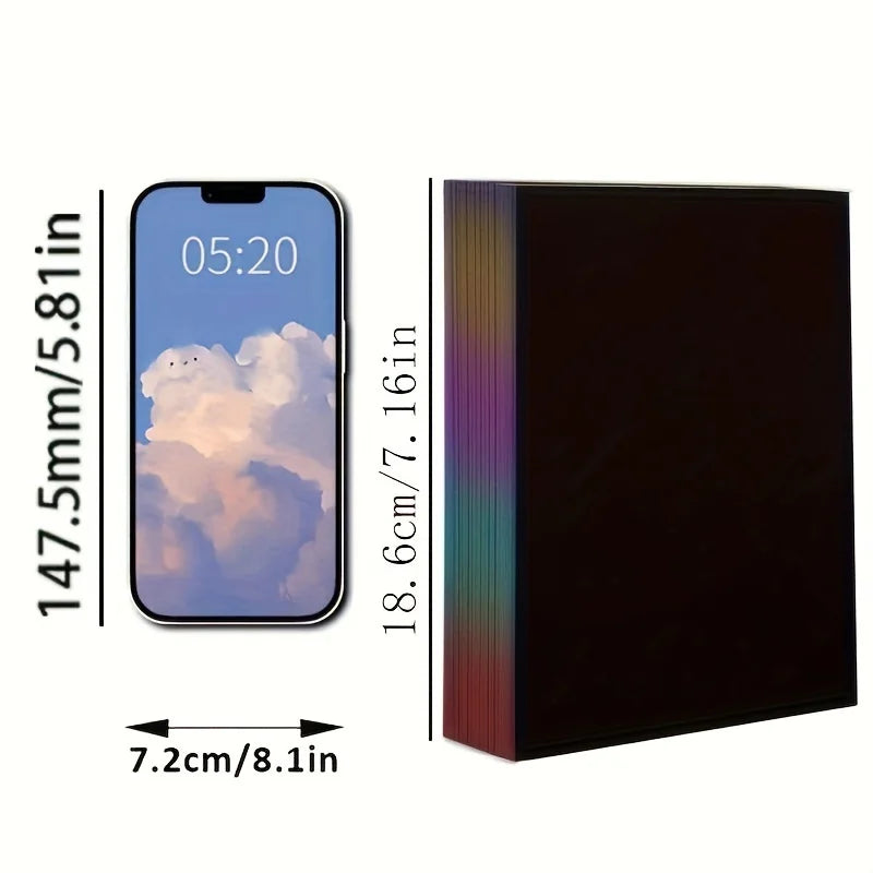 A set of rainbow scratch-off art paper and five stylus sticks displayed next to a smartphone for scale.