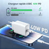 A white 40W PD fast charging USB-C adapter is shown connecting to a smartphone for rapid charging.