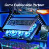 A high-performance laptop cooling pad is shown with a laptop, keyboard, and a smartphone placed on it, highlighting its cooli