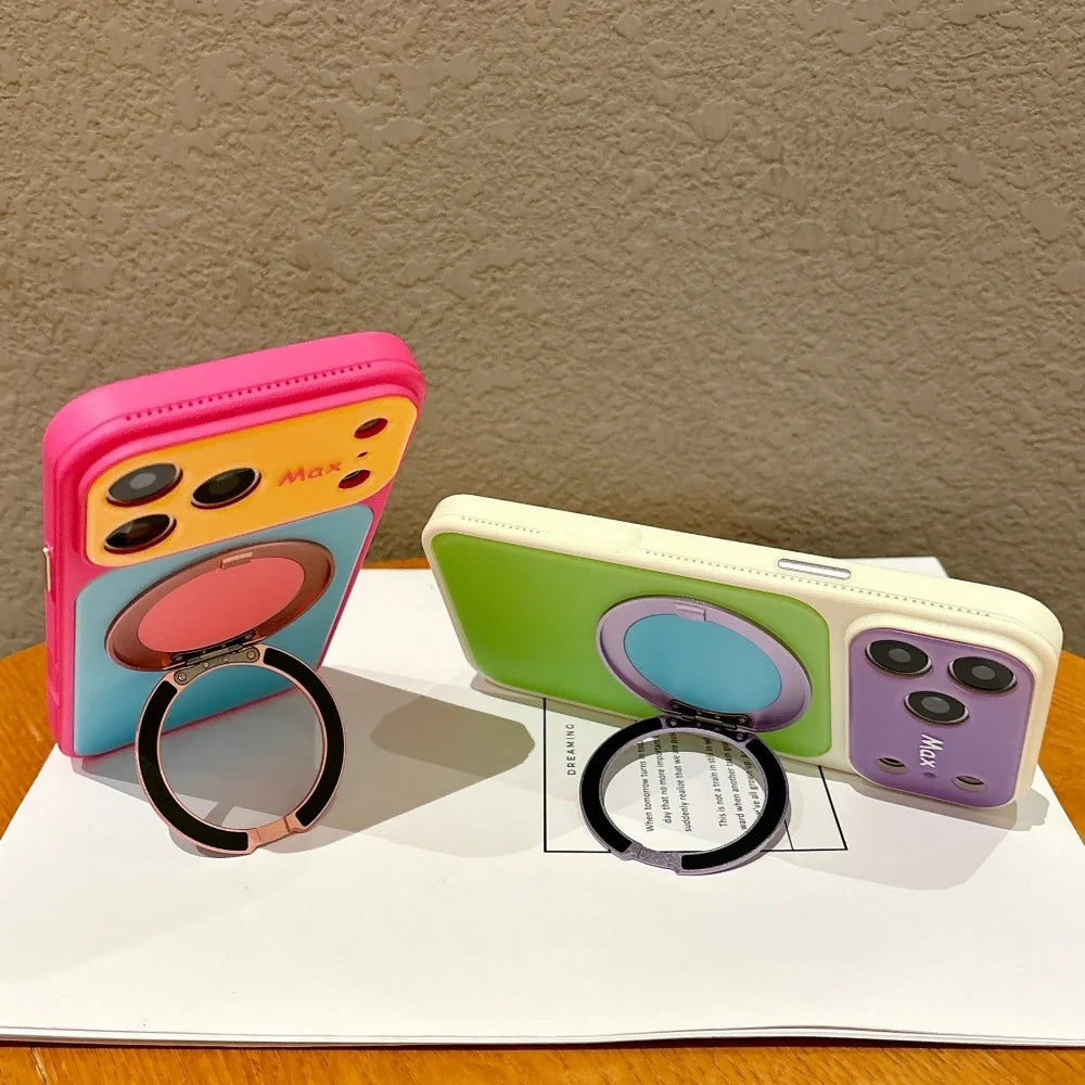 A pink and yellow magnetic ring stand shockproof phone case with camera protection displayed on a white surface.