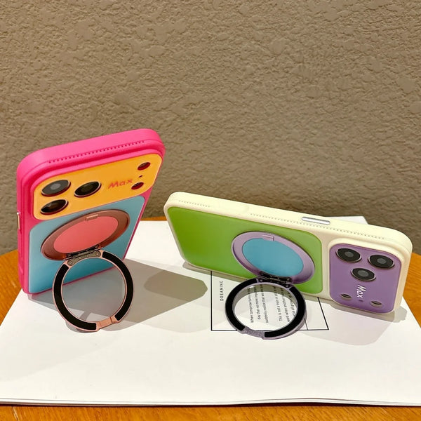 A pink and yellow magnetic ring stand shockproof phone case with camera protection displayed on a white surface.