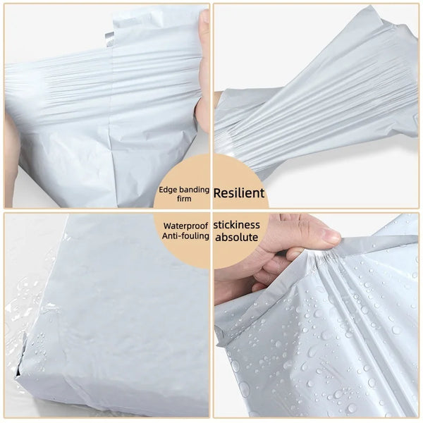 Close-up views of silver self-adhesive packing bags demonstrating their resilient, waterproof, and anti-fouling features.