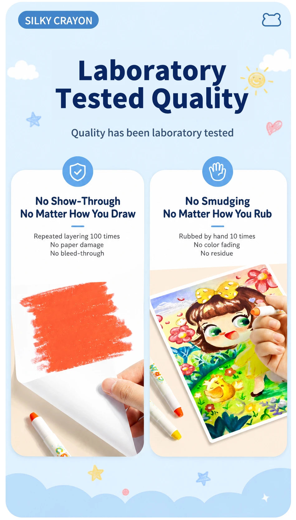 Silky Crayon Laboratory Tested Quality showing a bright orange crayon mark on white paper.