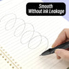 A hand is writing on lined paper with a black fine point pen, demonstrating smooth ink without leakage.