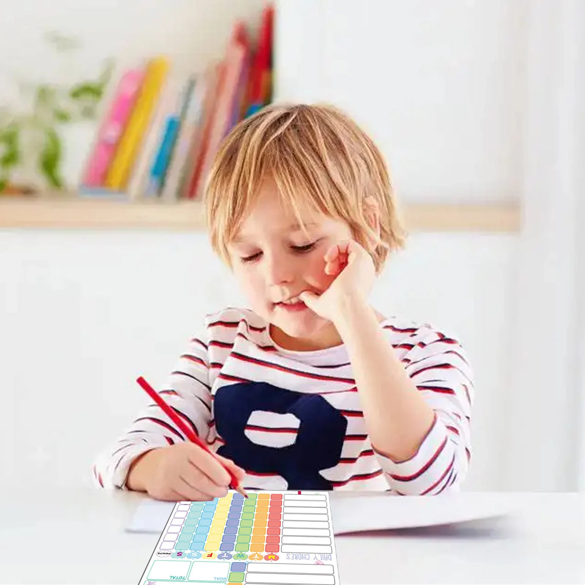 A young child is using a red pencil to mark a weekly chore chart on a white paper.