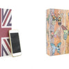 A rectangular box featuring a Union Jack pattern and a wooden background with colorful butterflies, next to two smartphones.