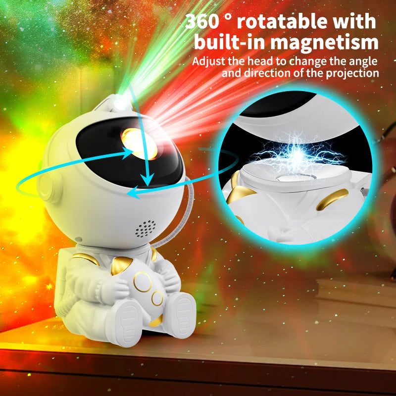Lampe de poche astronaute blanche avec aimant intégré, projetant une lumière vive sur une surface.