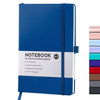 A blue hardcover dotted notebook with a spine, featuring specifications like no-bleed paper and 192 pages.