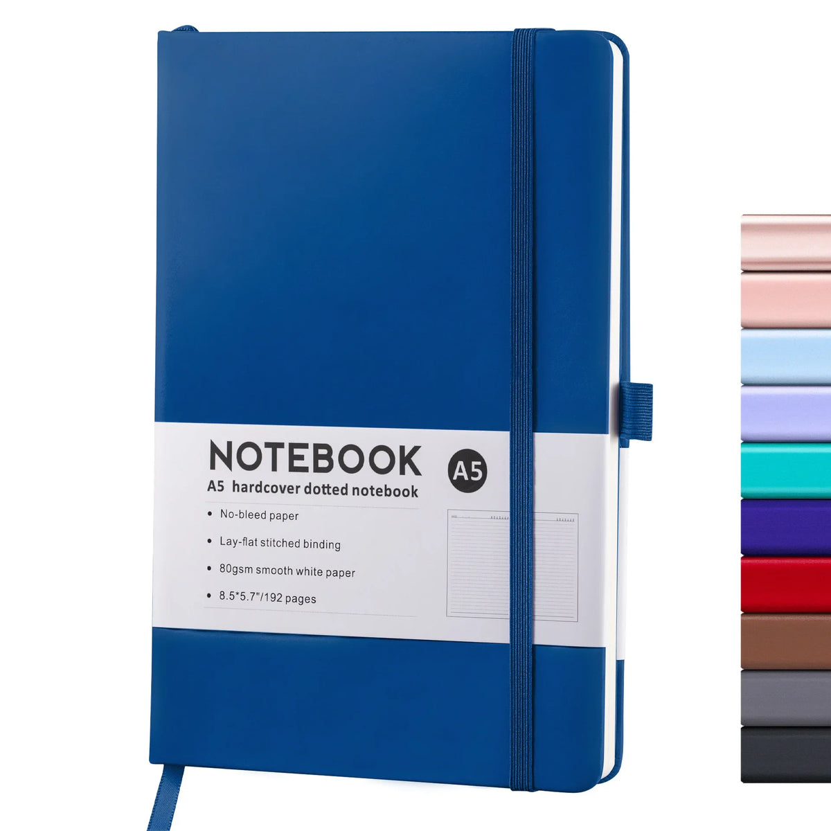 A blue hardcover dotted notebook with a spine, featuring specifications like no-bleed paper and 192 pages.