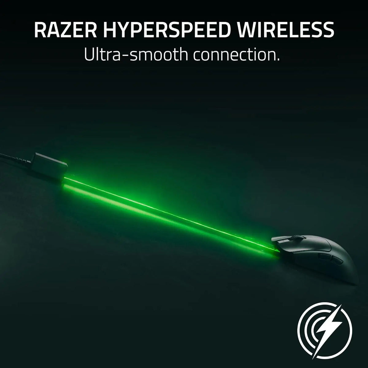 Razer HyperSpeed wireless mouse emitting a bright green light beam against a dark background.