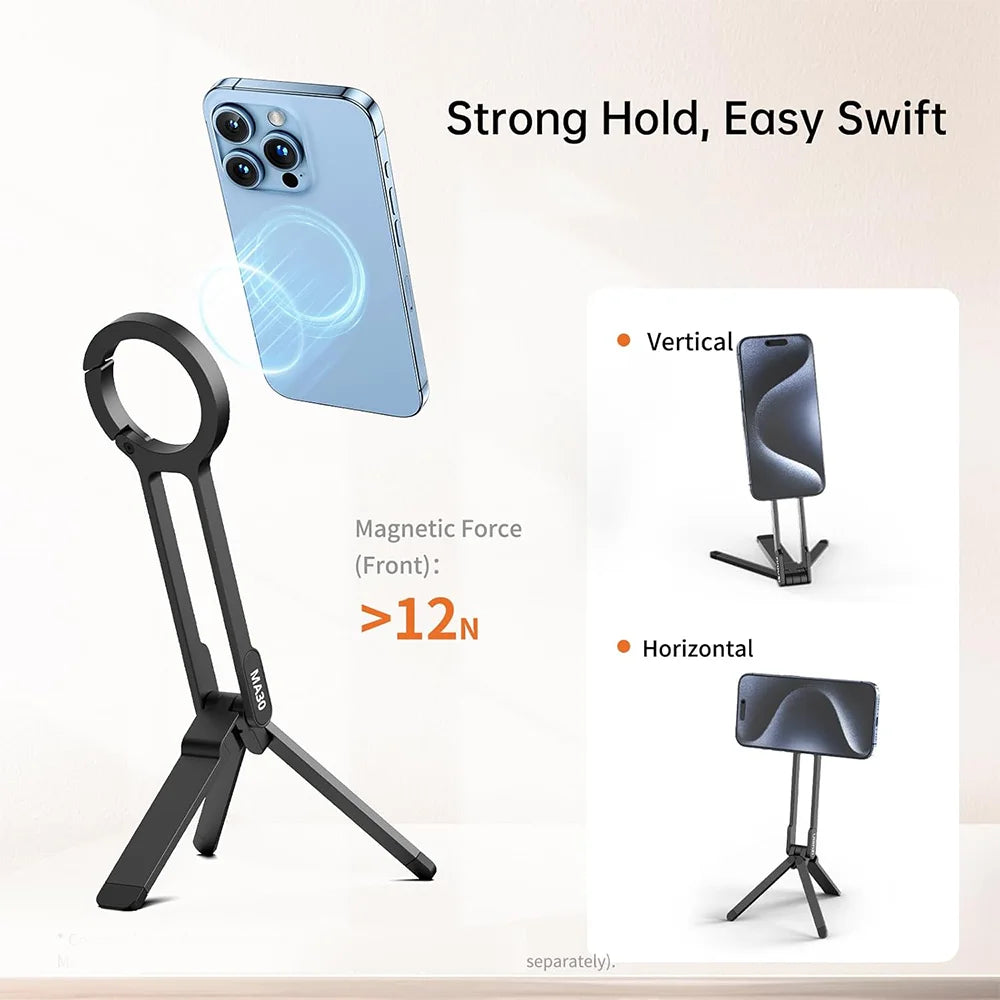 A black magnetic phone tripod stand with a carabiner is shown next to a smartphone demonstrating its strong hold capability.