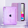 A purple glittery protective stand cover for an iPad is displayed next to the device.