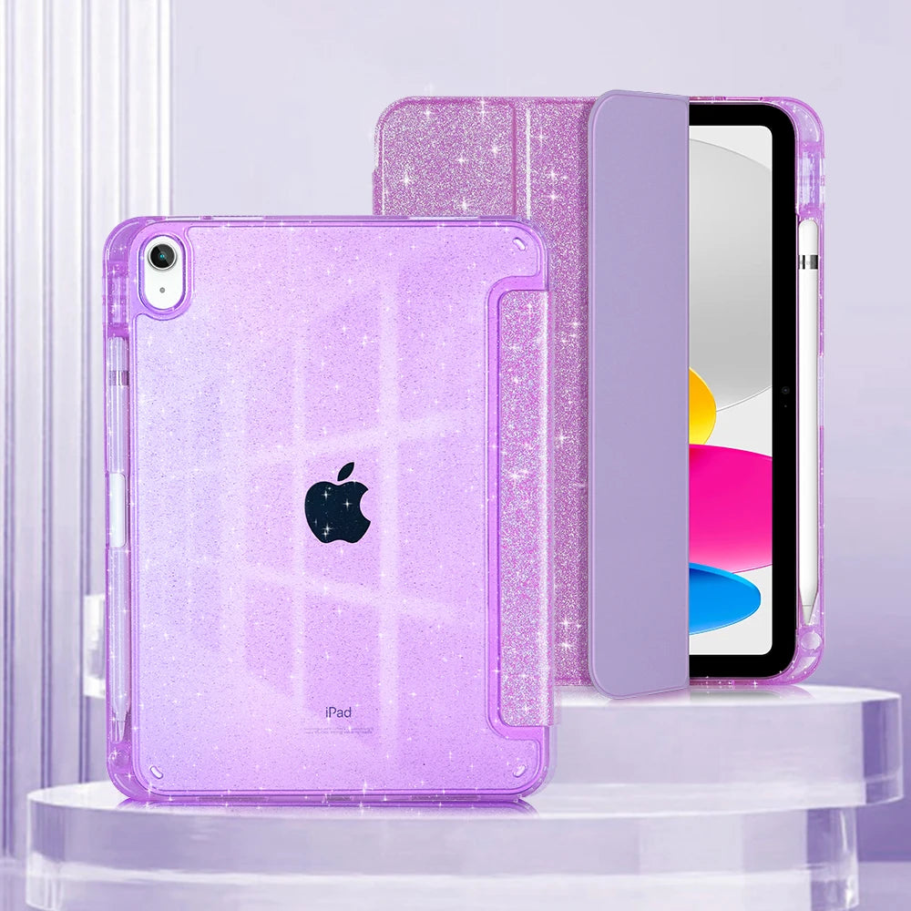 A purple glittery protective stand cover for an iPad is displayed next to the device.