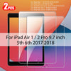Two tempered glass screen protectors for iPad Air 1/2 Pro 9.7 inch models from 2017 and 2018.