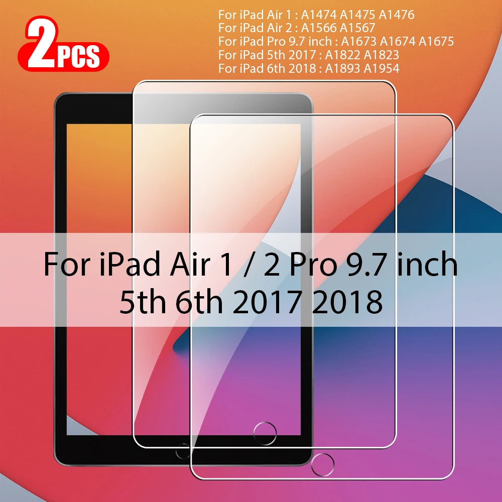 Two tempered glass screen protectors for iPad Air 1/2 Pro 9.7 inch models from 2017 and 2018.