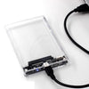 Klares Kunststoffgehäuse für eine 2,5-Zoll SATA SSD oder HDD mit schwarzem Kabel.