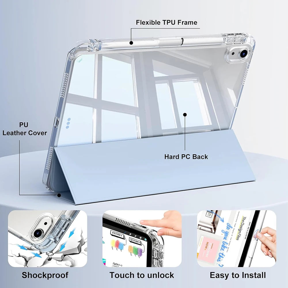 Crystal clear protective case for an iPad showing features like a flexible TPU frame and hard PC back