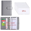 A gray leather cover for an A6 budget planner with a sheet and envelope system, shown alongside several clear plastic sheets.
