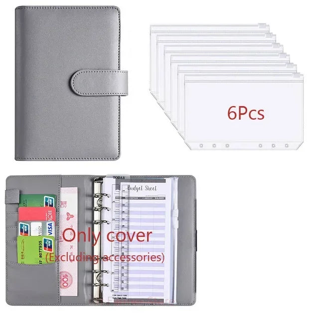 Planificador de cuero sintético gris con protectores de hojas transparentes y cubierta.